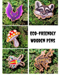 Goblincore animals & Fungi 25mm Eco friendly Wooden Pin Badge