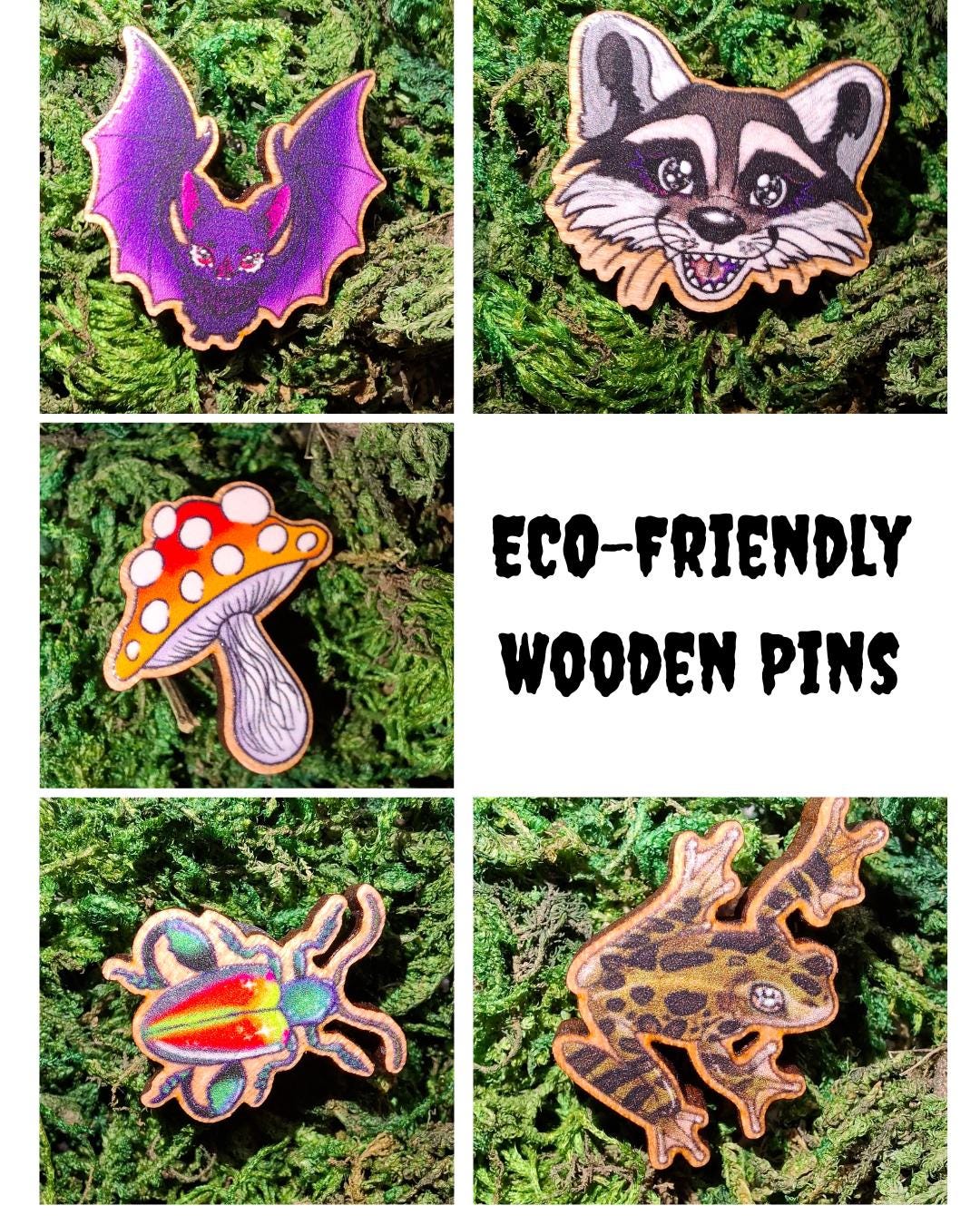 Goblincore animals & Fungi 25mm Eco friendly Wooden Pin Badge