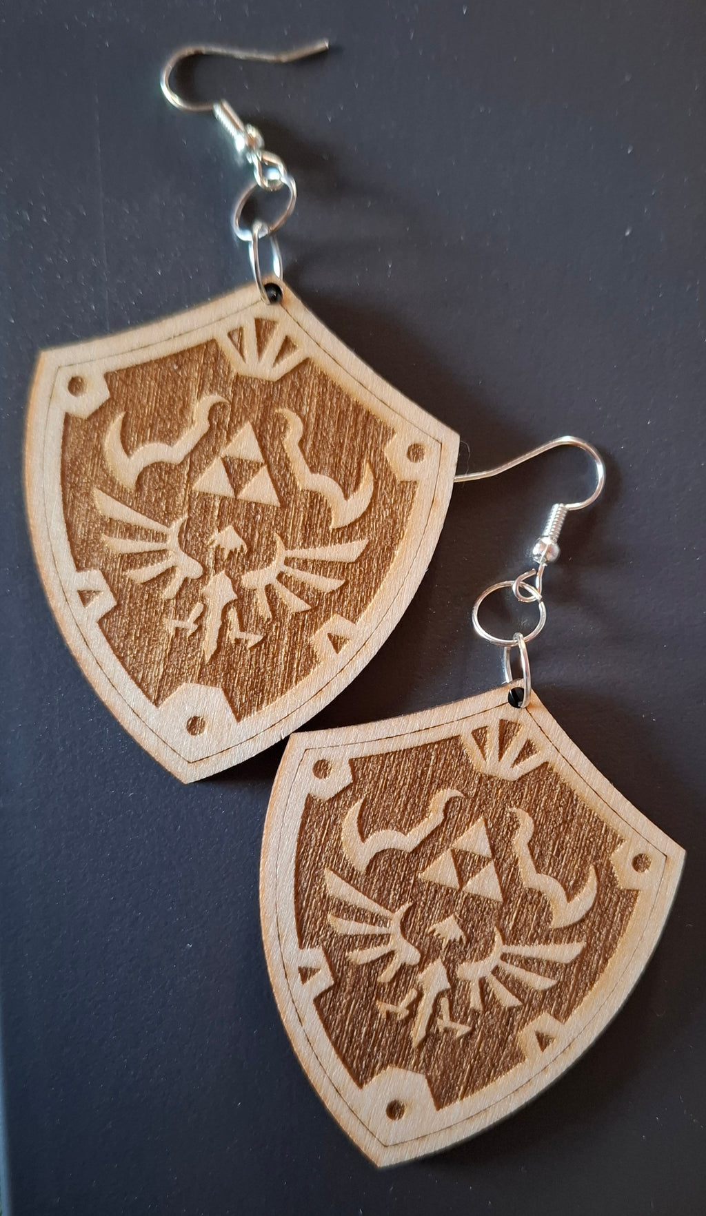 Wooden Hylian Shield Engraved Dangle Drop or clip on Earrings , Hyrule, Gamer gift, Gamer Fantasy