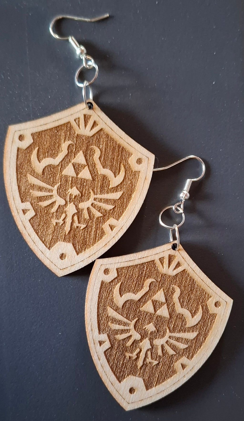 Wooden Hylian Shield Engraved Dangle Drop or clip on Earrings , Hyrule, Gamer gift, Gamer Fantasy