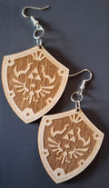 Wooden Hylian Shield Engraved Dangle Drop or clip on Earrings , Hyrule, Gamer gift, Gamer Fantasy