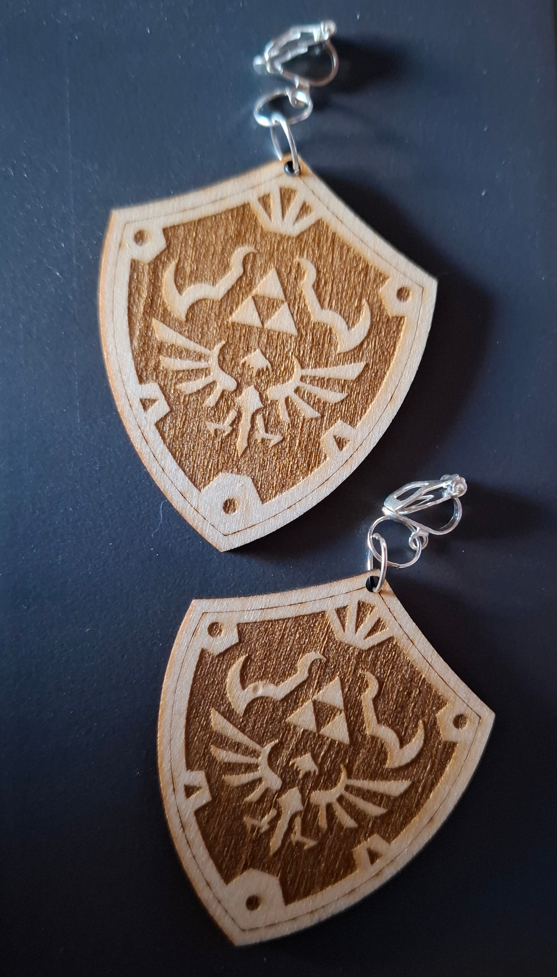 Wooden Hylian Shield Engraved Dangle Drop or clip on Earrings , Hyrule, Gamer gift, Gamer Fantasy