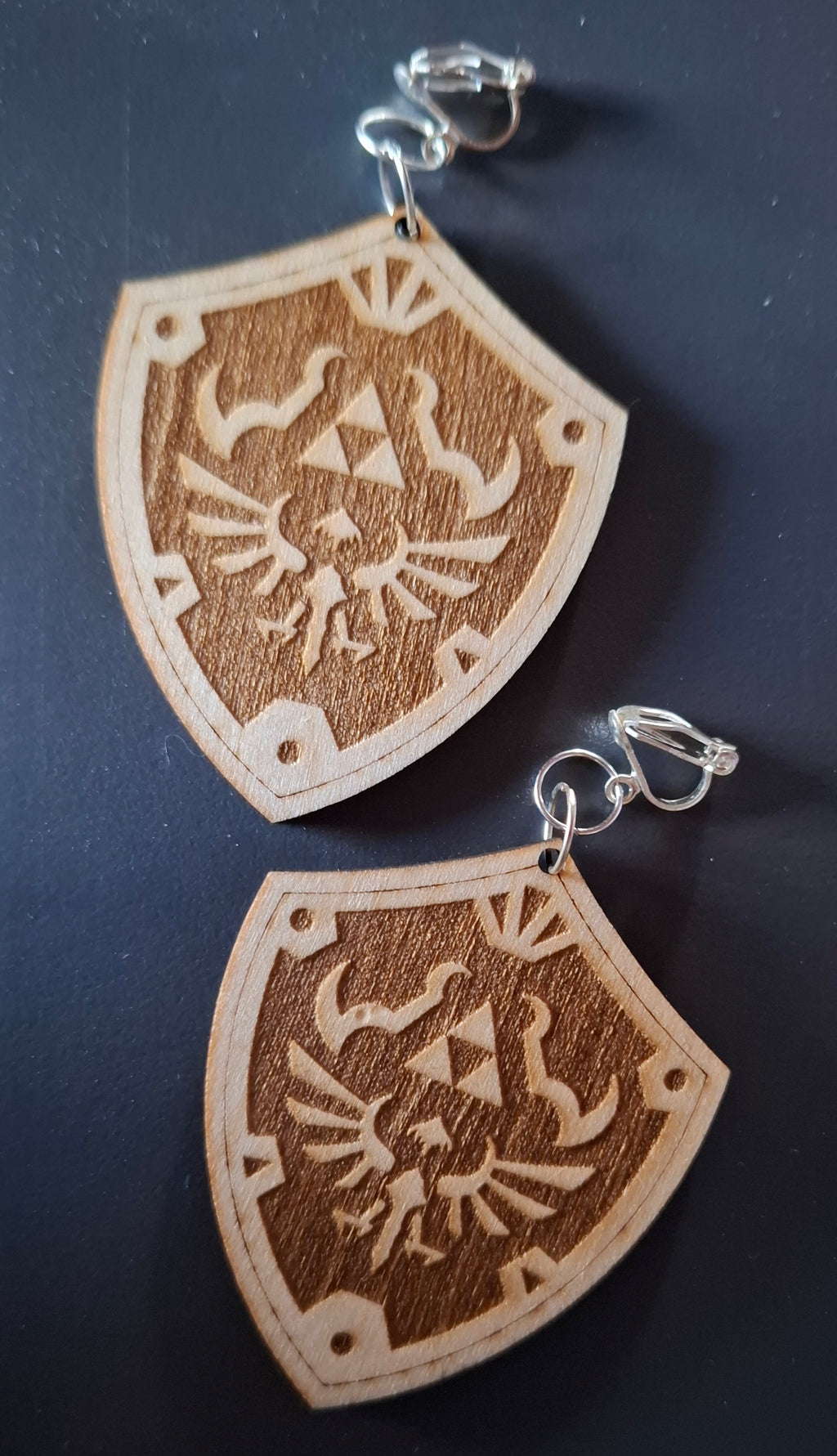 Wooden Hylian Shield Engraved Dangle Drop or clip on Earrings , Hyrule, Gamer gift, Gamer Fantasy