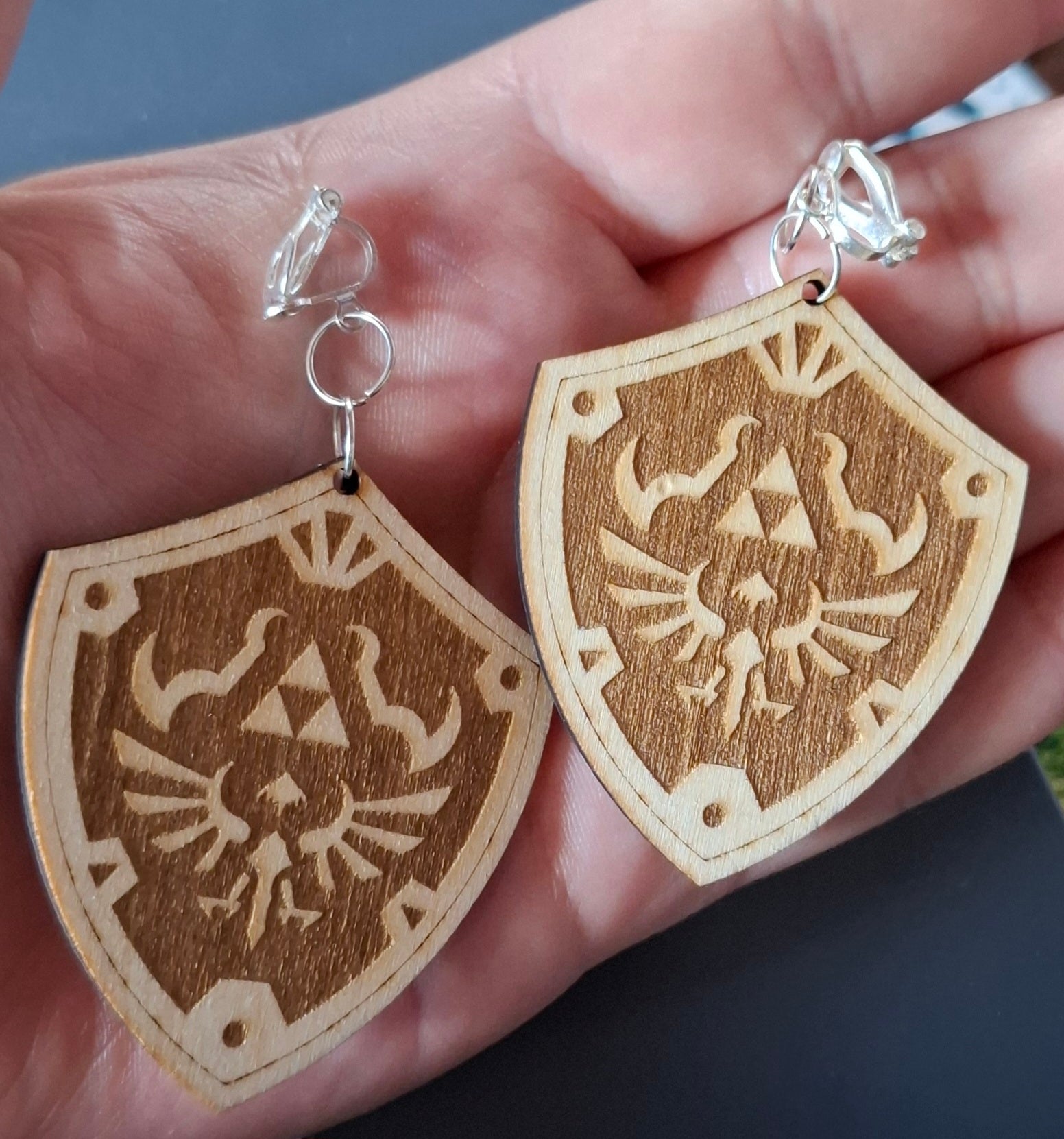 Wooden Hylian Shield Engraved Dangle Drop or clip on Earrings , Hyrule, Gamer gift, Gamer Fantasy