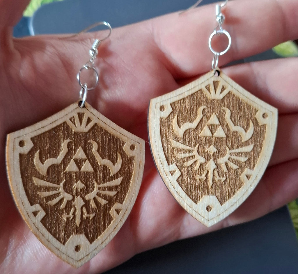 Wooden Hylian Shield Engraved Dangle Drop or clip on Earrings , Hyrule, Gamer gift, Gamer Fantasy