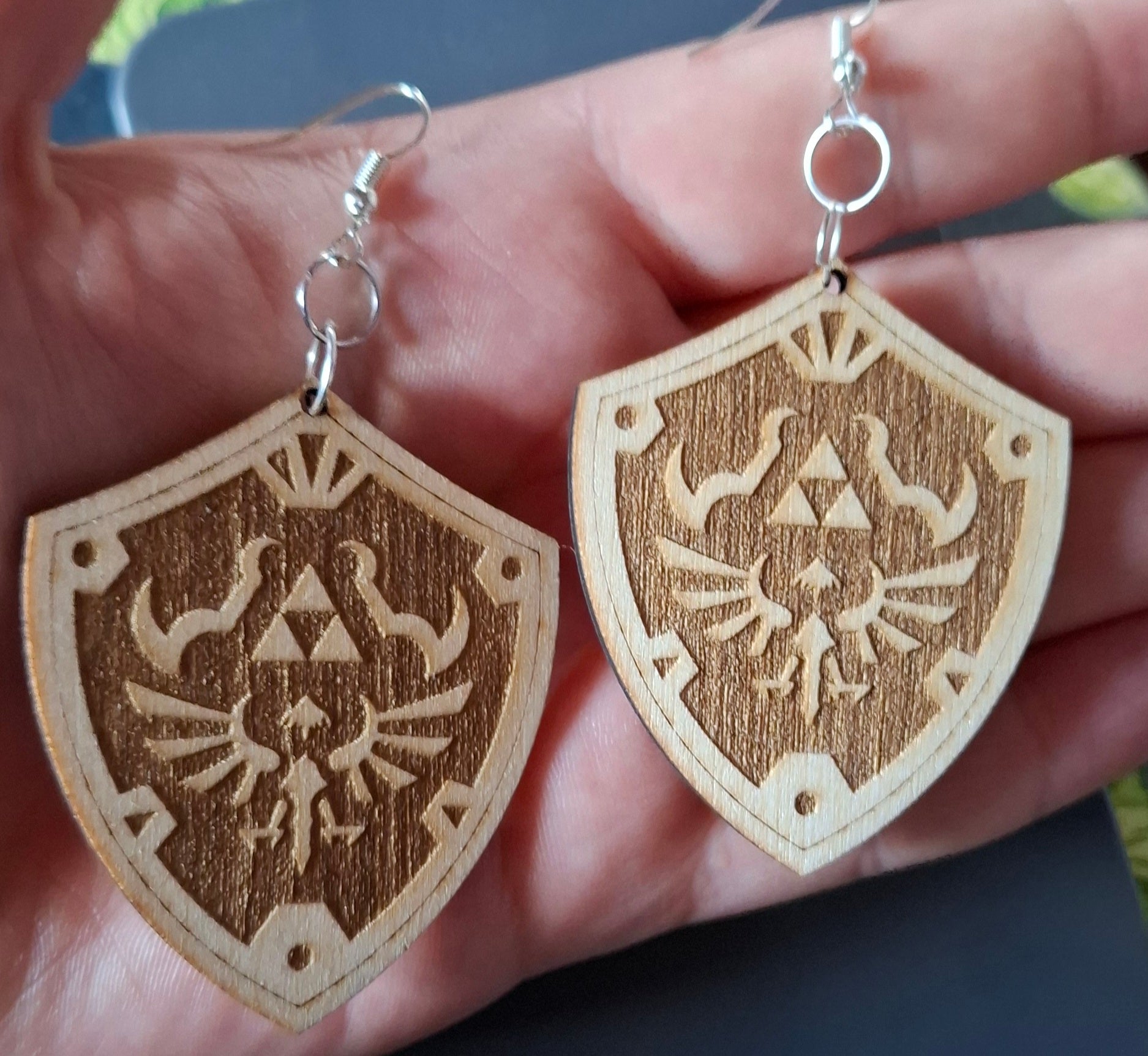 Wooden Hylian Shield Engraved Dangle Drop or clip on Earrings , Hyrule, Gamer gift, Gamer Fantasy