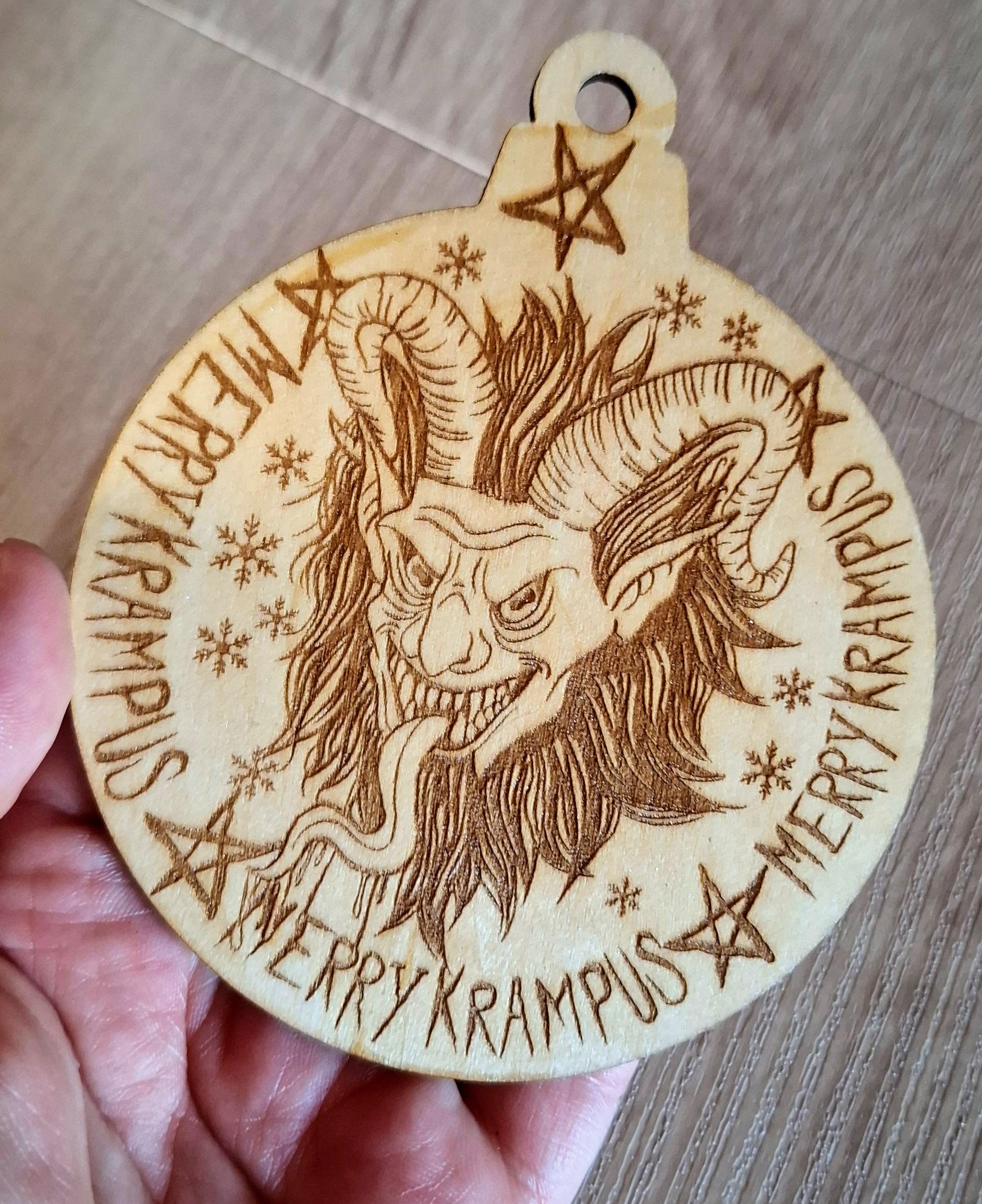 Merry Krampus Wooden ornament - Handmade Seasonal Gothic Home Decoration, Engraved Horror Bauble, Creepy Holiday Decor