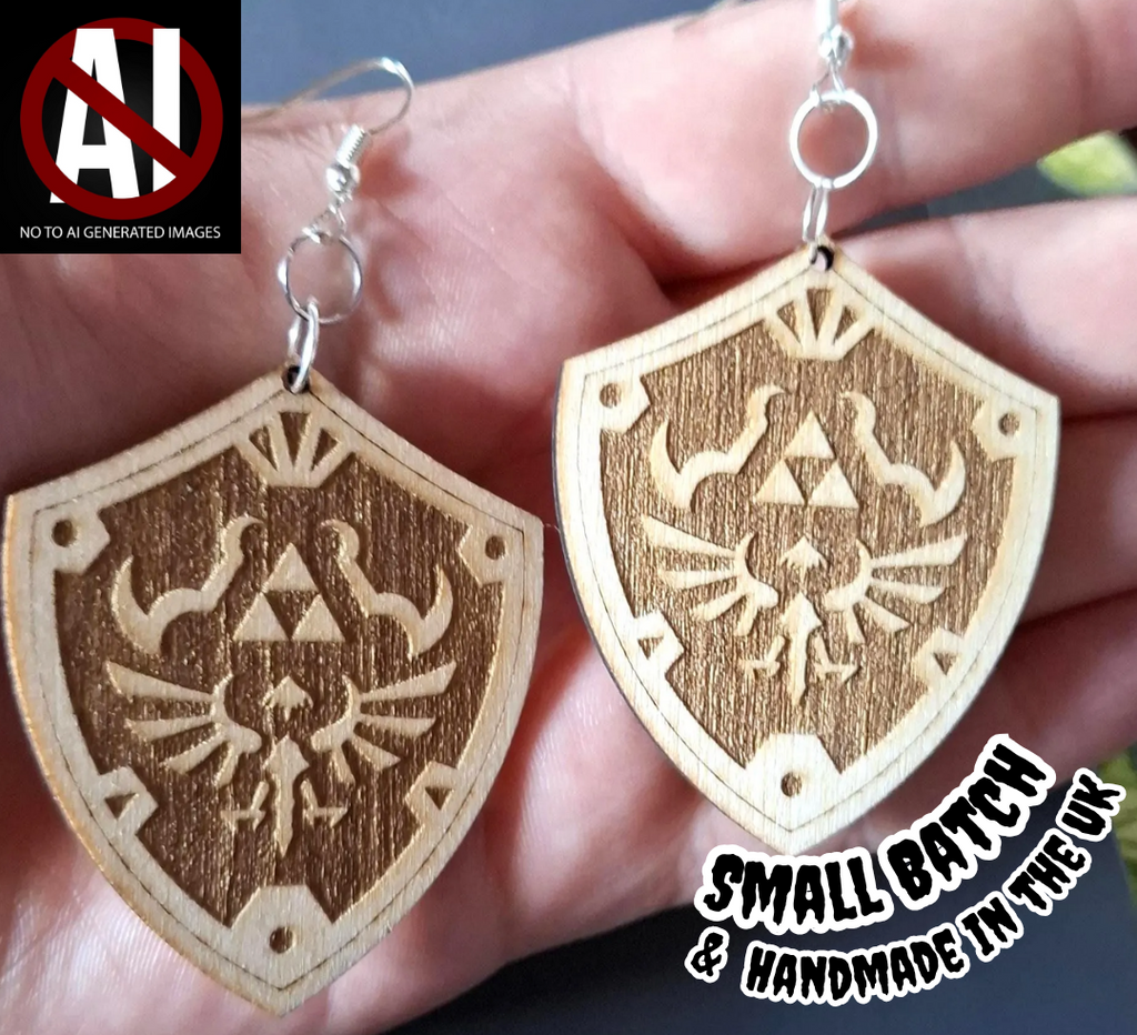 Wooden shield-shaped earrings with a symbol, held in hand with 'Small Batch & Handmade in the UK' text.