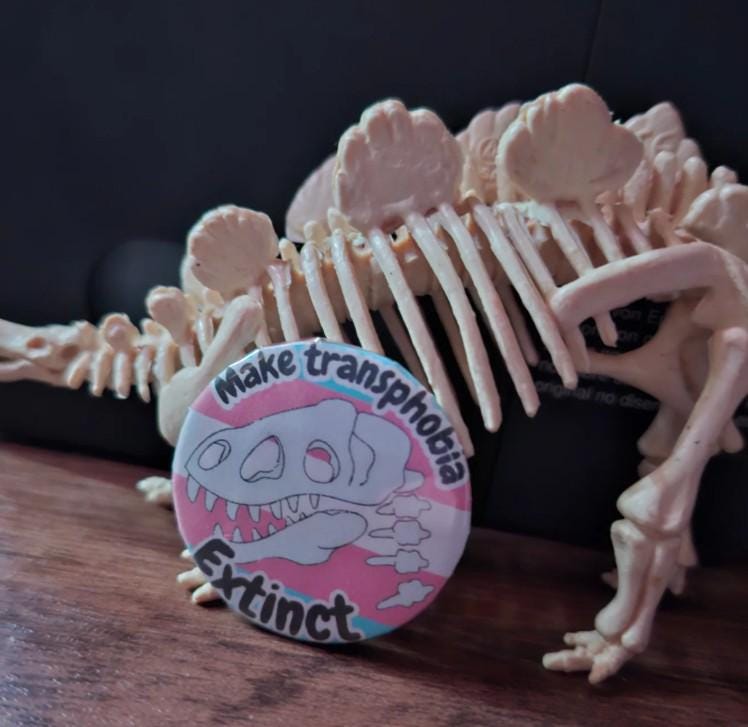 Make Homophobia / Transphobia extinct- Handmade  37mm Dinosaur Button Badge