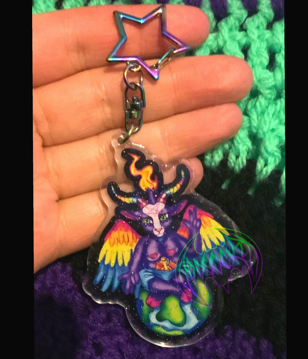 Rainbow Bright Colourful Holographic Baphomet-Acrylic Charm /Keyring