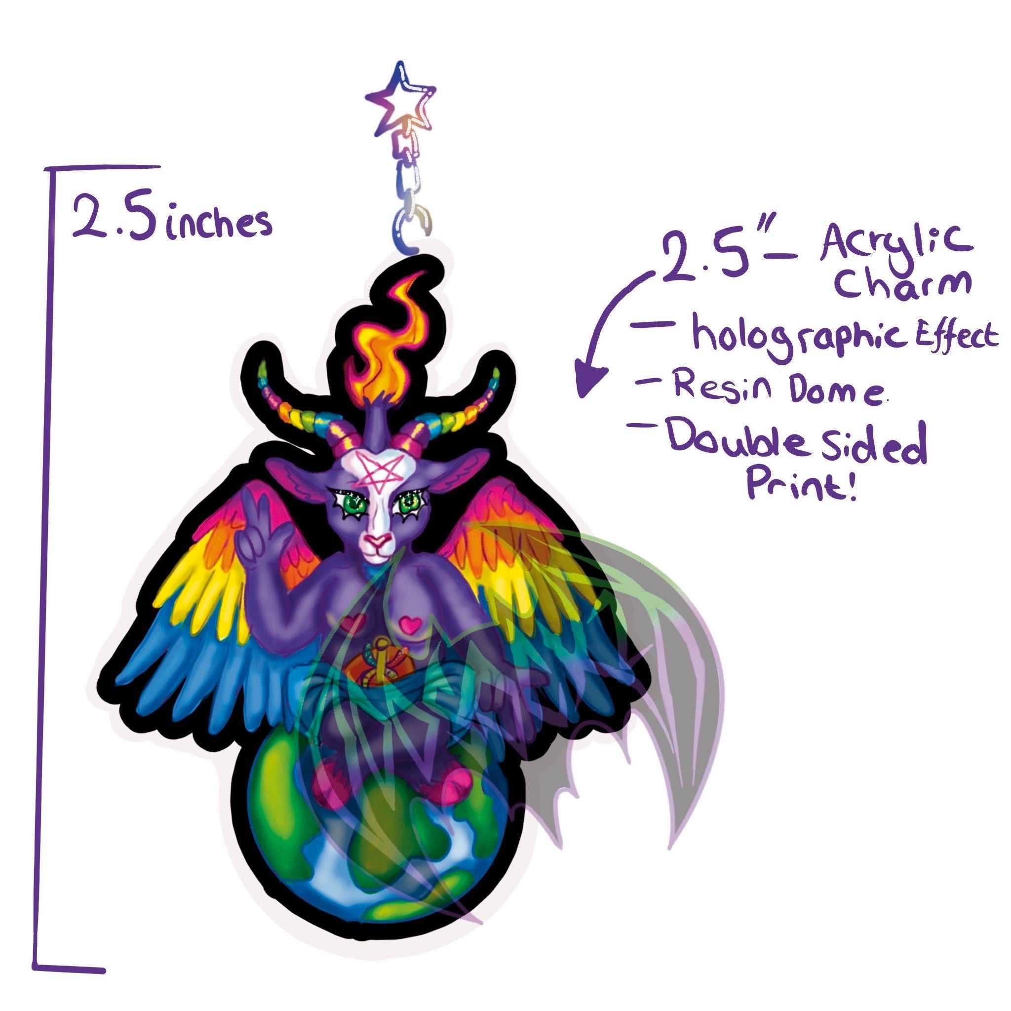 Rainbow Bright Colourful Holographic Baphomet-Acrylic Charm /Keyring