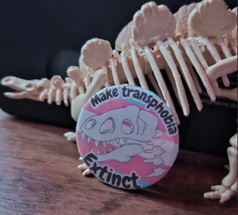 Make Homophobia / Transphobia extinct- Handmade  37mm Dinosaur Button Badge